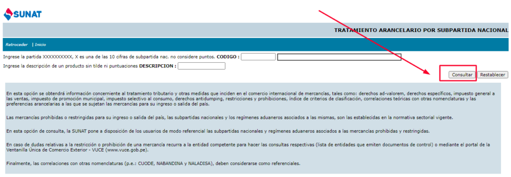Consulta de Partida Arancelaria en Perú