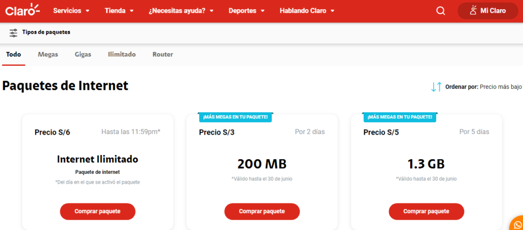 comprar Megas en Claro