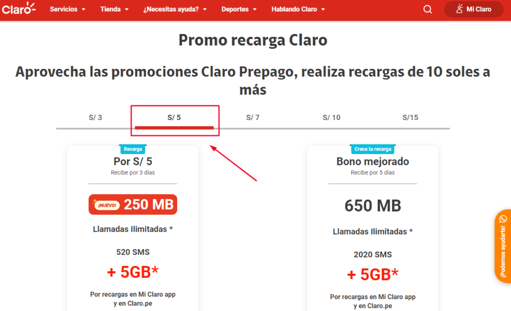 hacer la recarga en Claro de 5 soles